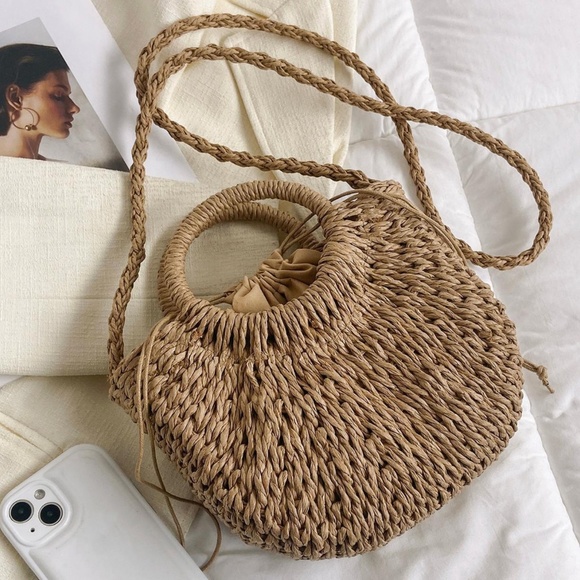 Boho Straw Top Handle Woven Handbag - Picture 3 of 10